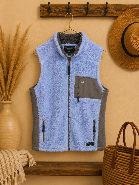 Southern Marsh Jackets & Blazers - Southern Marsh Womens Blue Sherpa Fleece Vest with Gray Trim